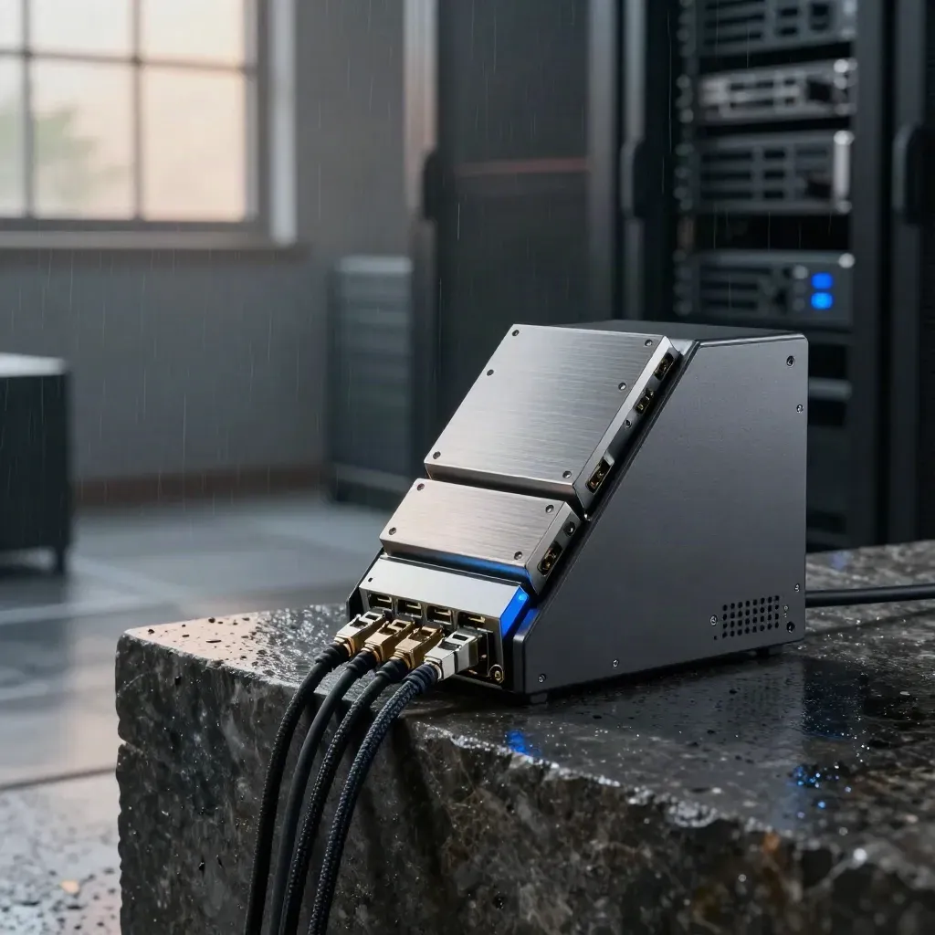 Graphite edge gateway with braided cables and drive cartridges on a wet stone plinth.