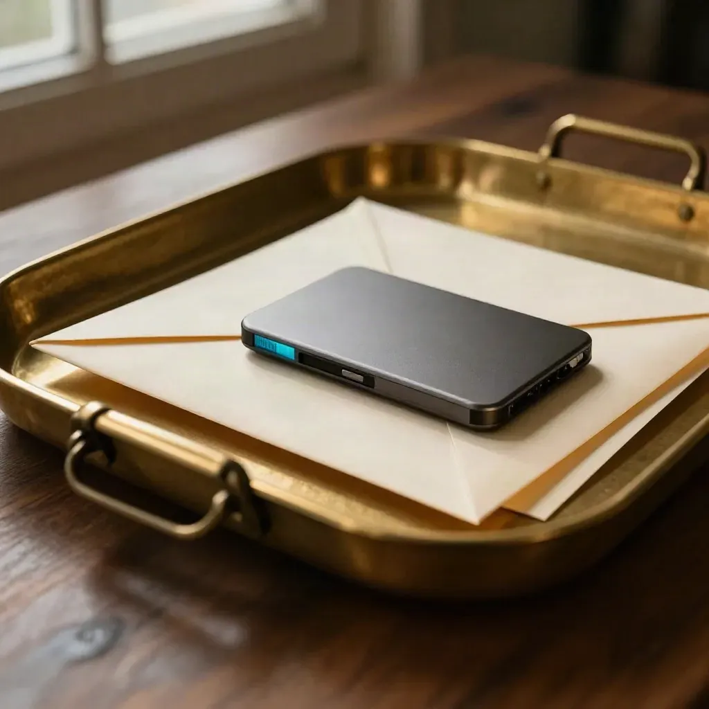 Brass inbox tray, sealed envelopes, and SSD on walnut in dramatic studio light.