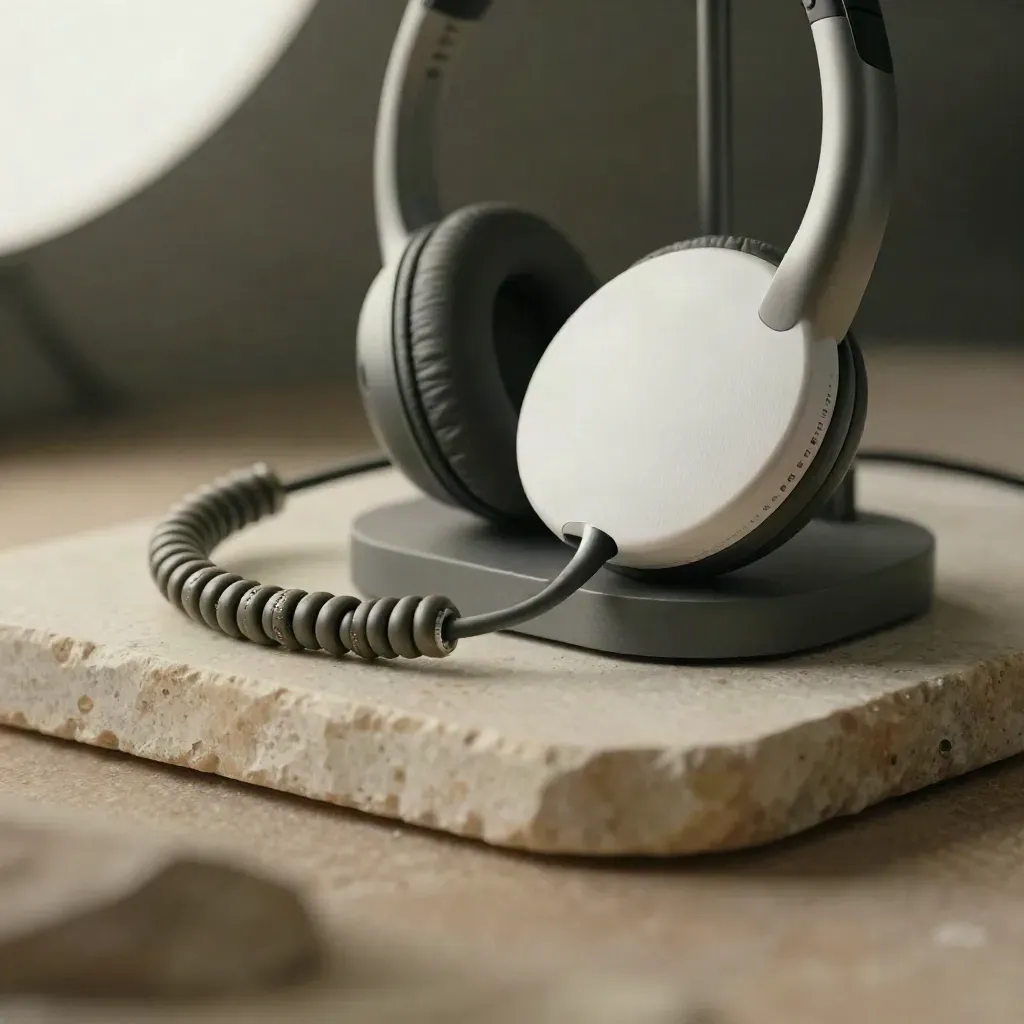 Macro still life of a headset stand, speakerphone disc, and coiled cable on stone.