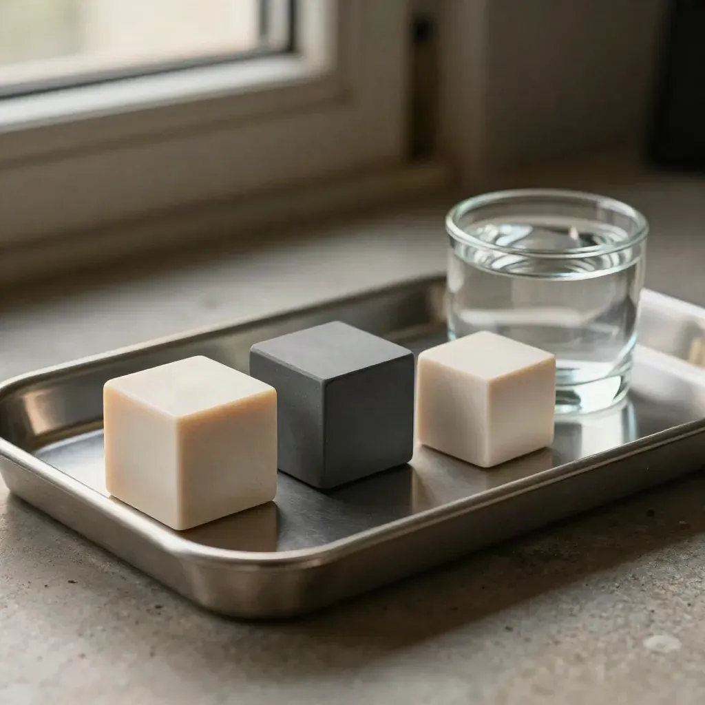 Three desk cubes, a steel tray and paperweight on concrete in soft directional light